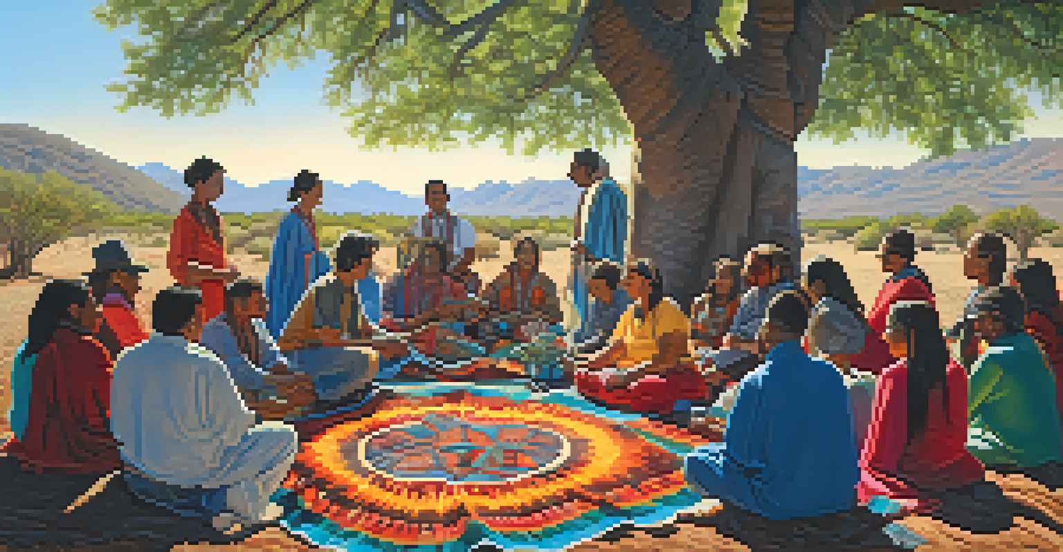 A vibrant gathering of men and women participating in a peyote ceremony under a large tree, with colorful blankets and natural light creating a warm atmosphere.