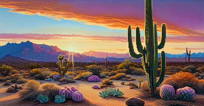 A vibrant peyote cactus in a desert landscape during sunset, with warm sky colors and distant mountains.