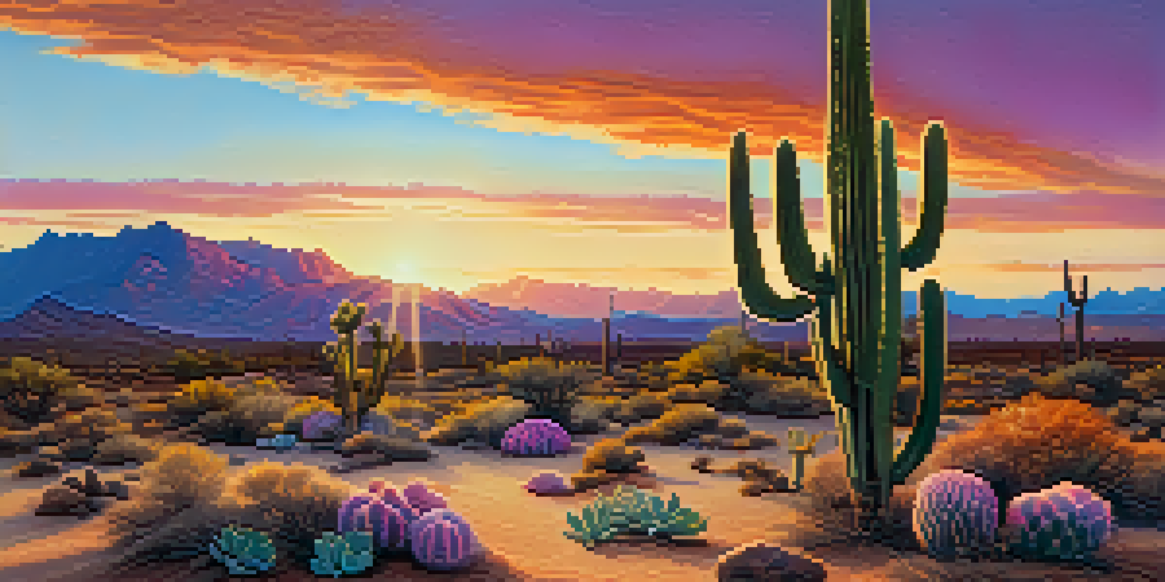 A vibrant peyote cactus in a desert landscape during sunset, with warm sky colors and distant mountains.