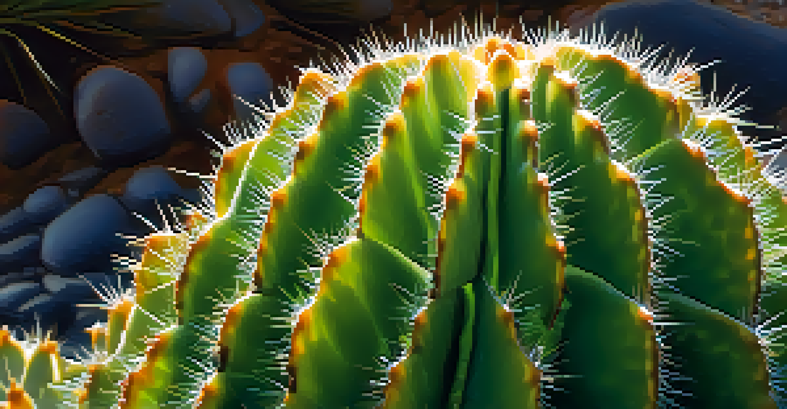 A detailed close-up of a peyote cactus with dew drops in morning light.