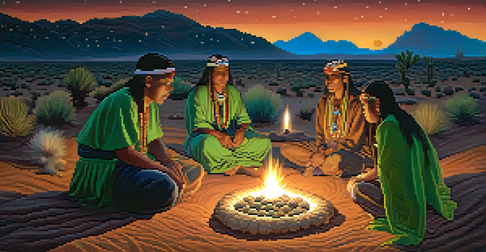 A peaceful Indigenous ceremony at night with people in traditional clothing gathered around a fire, surrounded by desert plants and a starry sky.