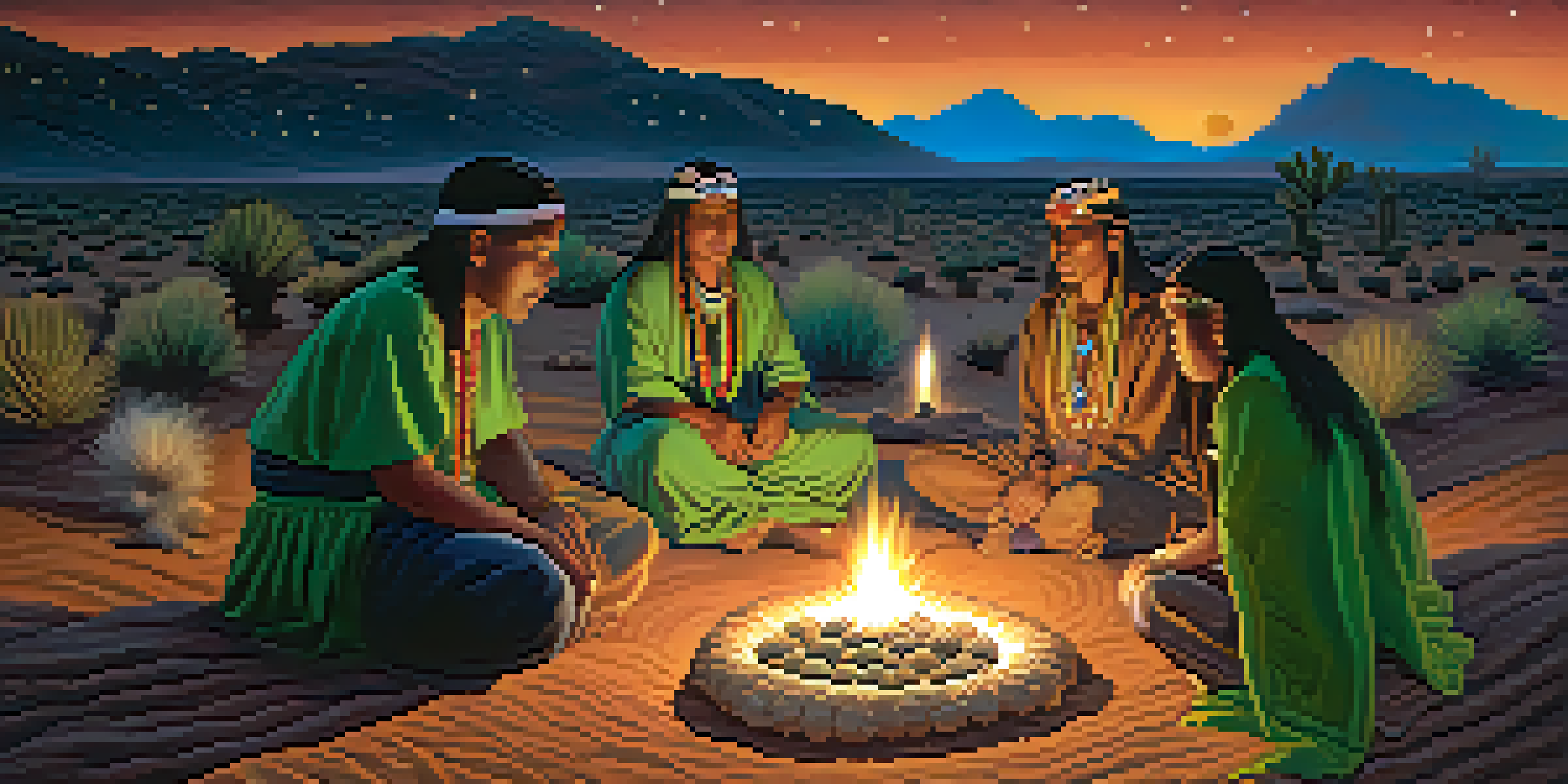 A peaceful Indigenous ceremony at night with people in traditional clothing gathered around a fire, surrounded by desert plants and a starry sky.