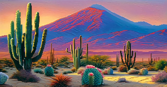 A desert scene with peyote cacti in the foreground under a colorful sunset sky.