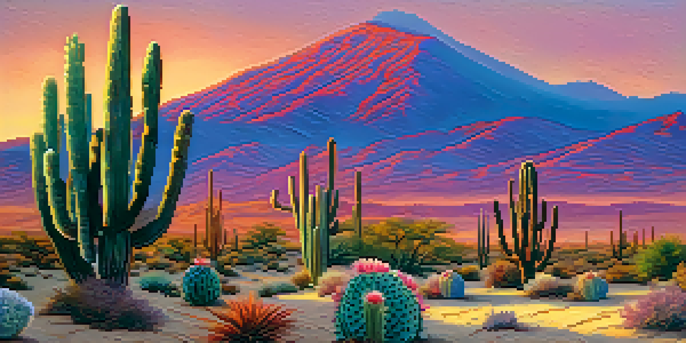 A desert scene with peyote cacti in the foreground under a colorful sunset sky.