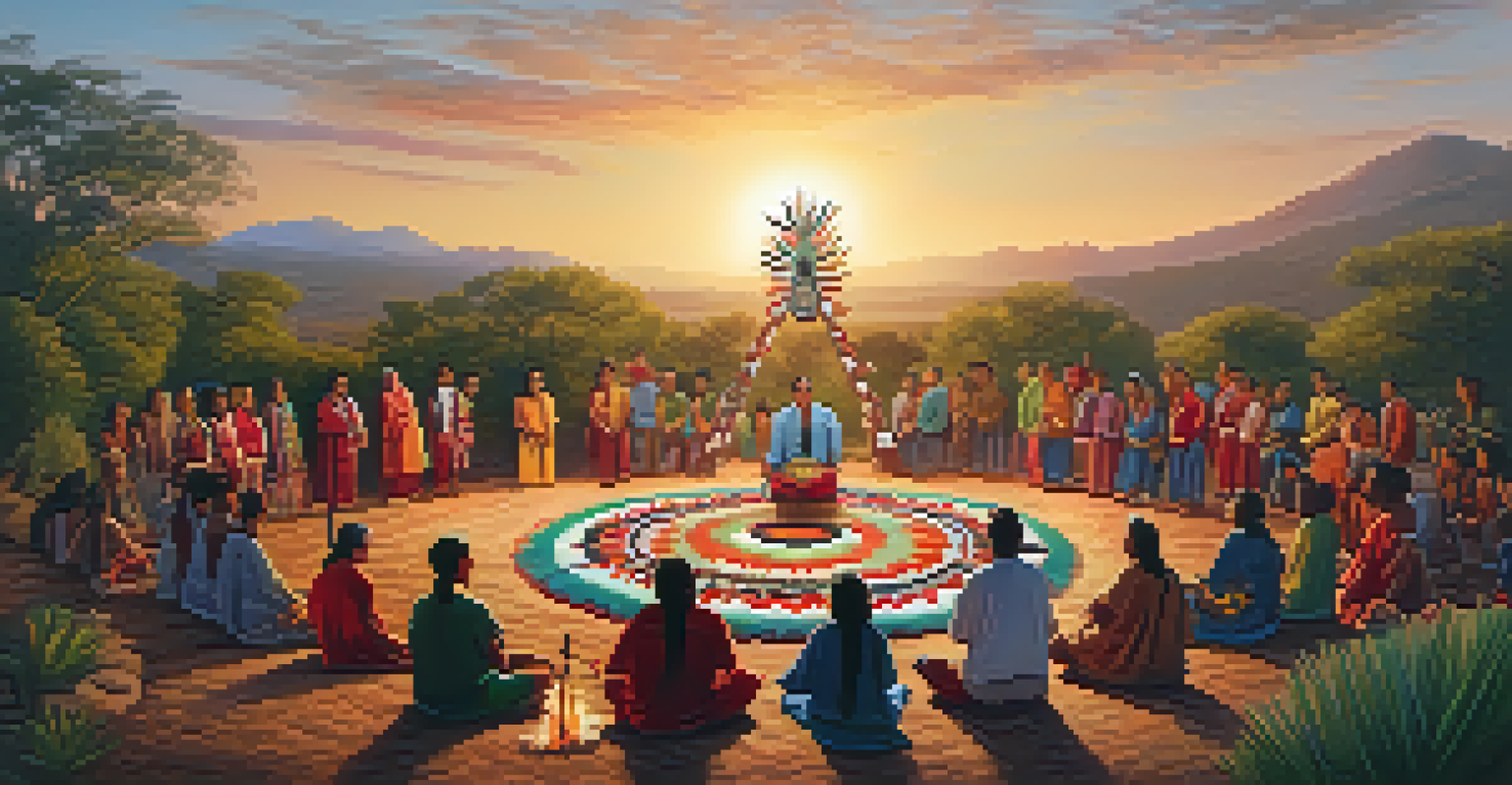A group of participants in traditional attire singing and dancing around a peyote cactus in a natural setting.