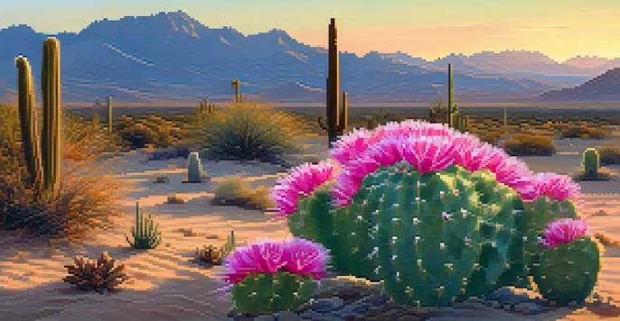 A close-up of a peyote cactus surrounded by a desert landscape at sunset, with pink flowers and a warm color palette.
