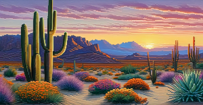 A desert landscape at sunset with peyote cacti in the foreground, showcasing vibrant colors in the sky and soft textures of the cacti.
