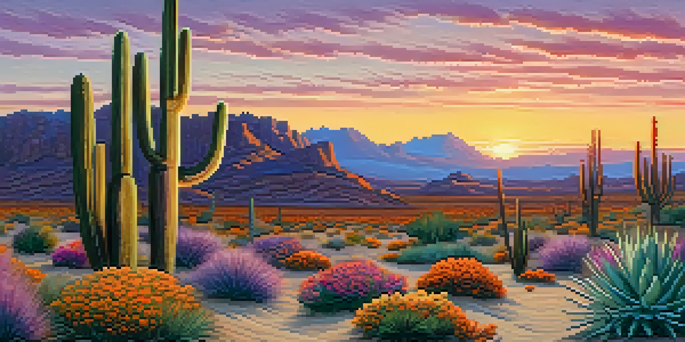 A desert landscape at sunset with peyote cacti in the foreground, showcasing vibrant colors in the sky and soft textures of the cacti.