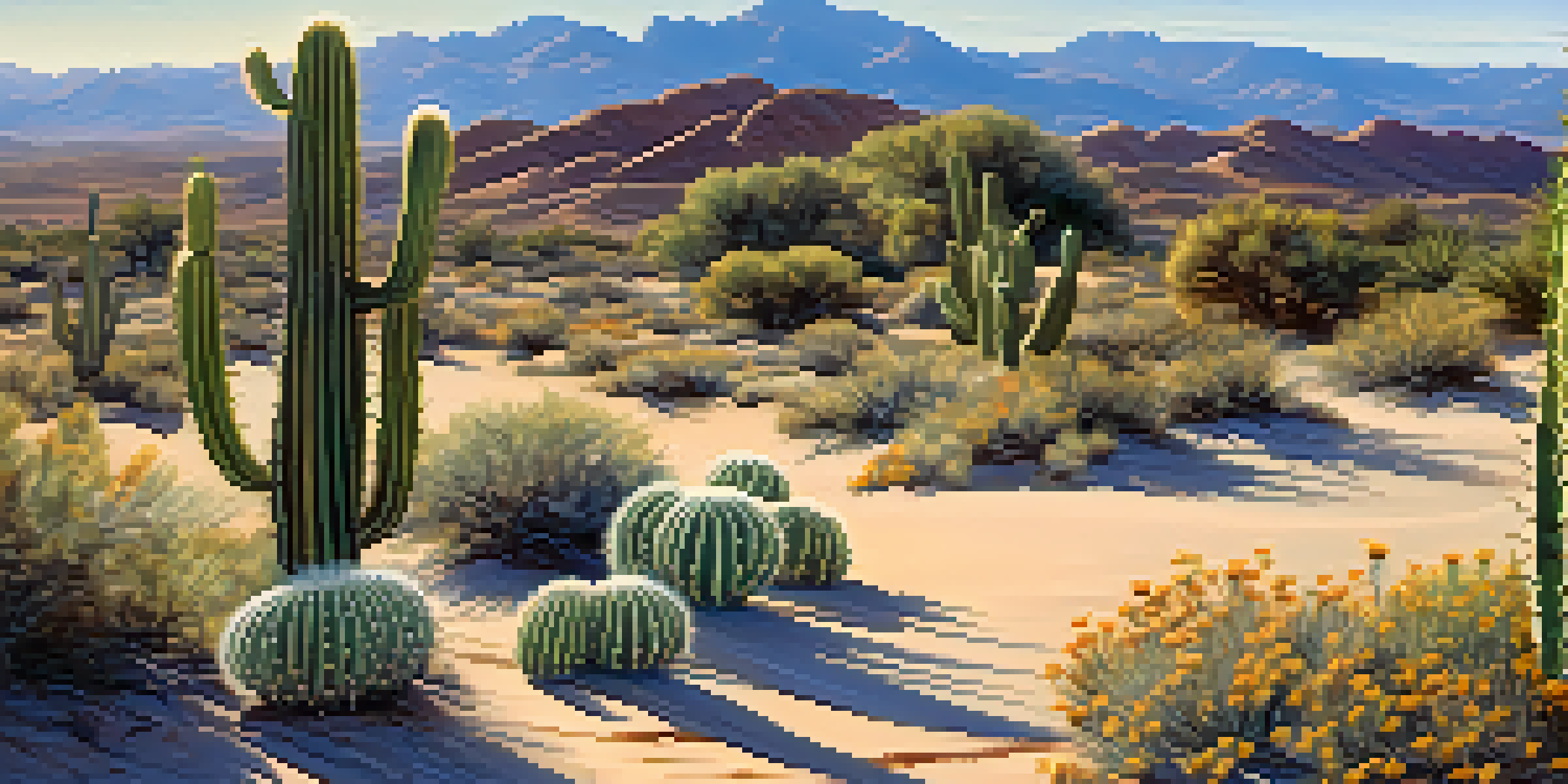 A peaceful desert scene with a detailed Peyote cactus, golden sands, and a blue sky, complemented by distant mountains and colorful wildflowers.
