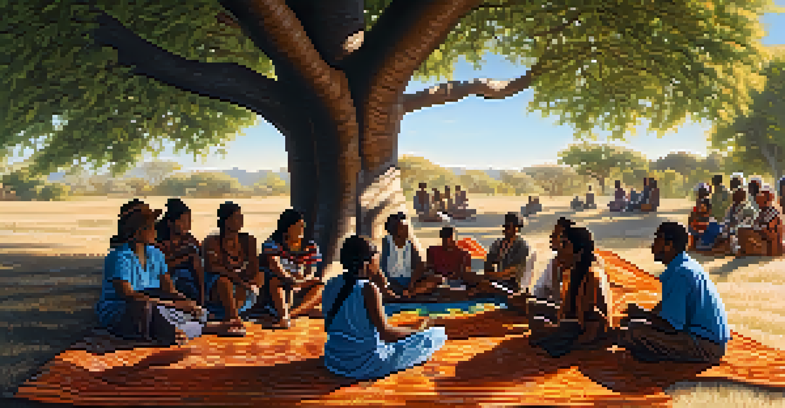 An Indigenous storyteller engaging with a community under a large tree, surrounded by listeners.