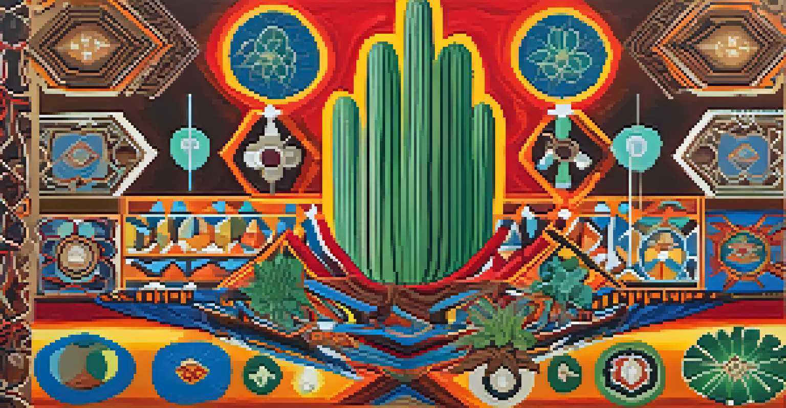 An artistic representation of peyote's cultural significance, incorporating Indigenous symbols and vibrant colors.