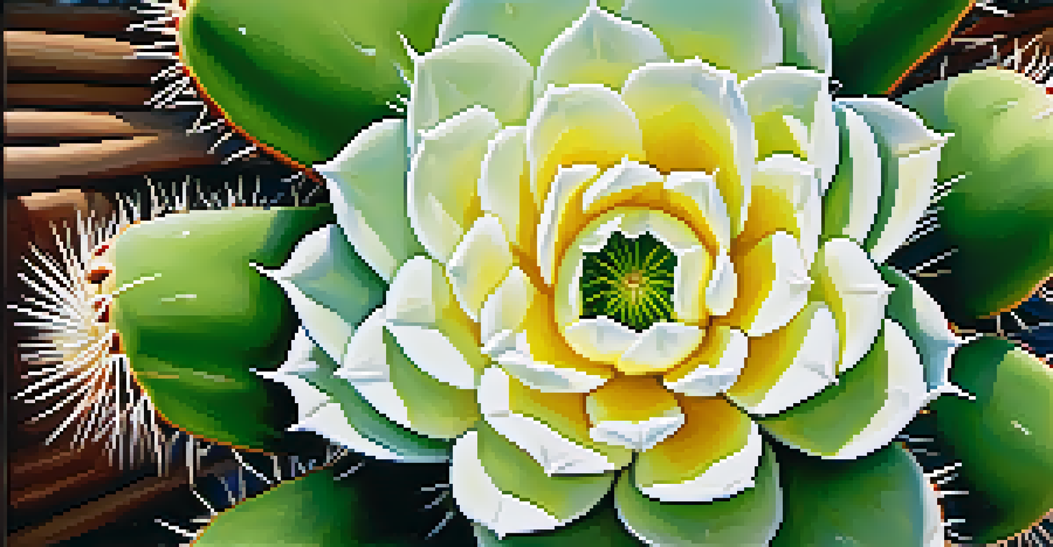 A close-up of a peyote cactus with blooming flowers in soft natural light.
