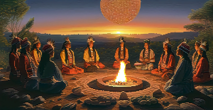 A peaceful gathering of participants in a Peyote ceremony, sitting in a circle around a fire in a natural setting, with warm light and traditional attire.