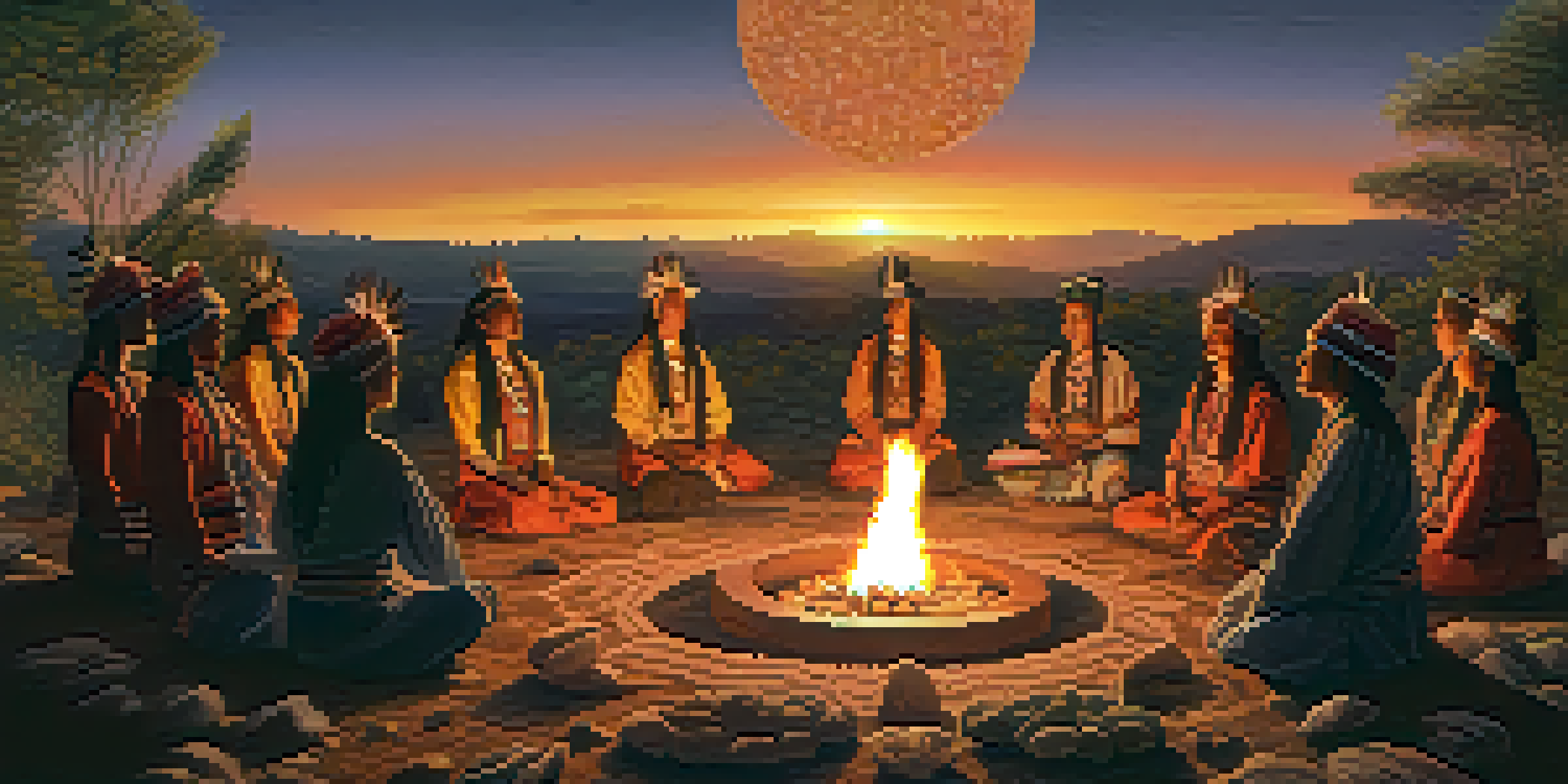 A peaceful gathering of participants in a Peyote ceremony, sitting in a circle around a fire in a natural setting, with warm light and traditional attire.