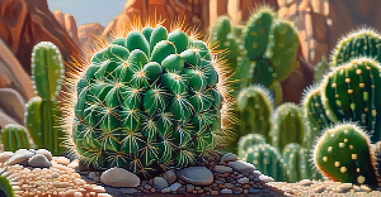 A close-up view of a peyote cactus showing its texture and surrounding desert plants.