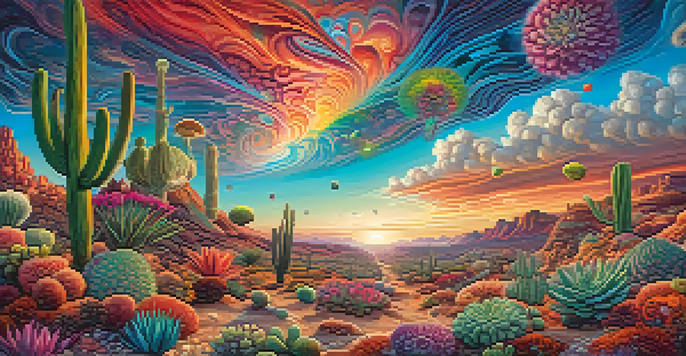 A colorful psychedelic landscape with swirling patterns, bright colors, and natural elements like cacti and flowers under a surreal sky.