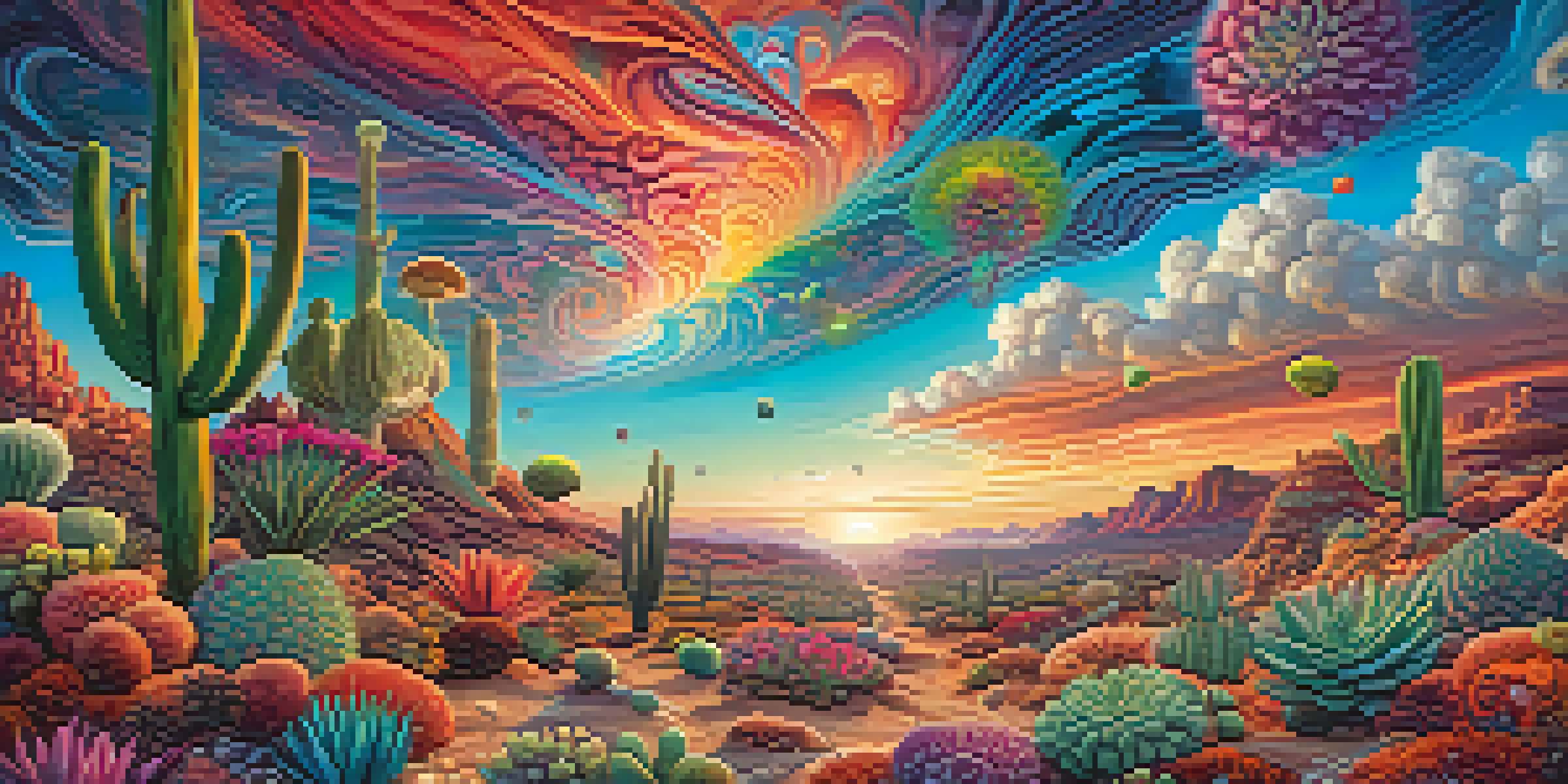 A colorful psychedelic landscape with swirling patterns, bright colors, and natural elements like cacti and flowers under a surreal sky.