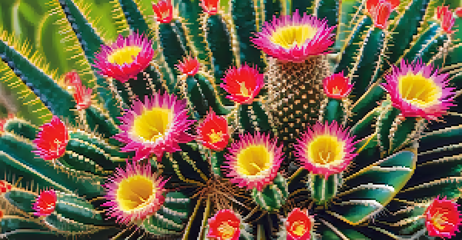 Close-up of a peyote cactus with colorful flowers, showcasing its texture and details in soft natural lighting.