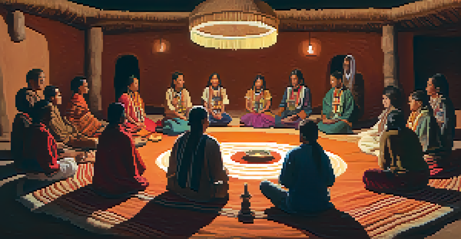 Indigenous ceremony with participants in a circle, warm lantern light, and peyote cactus in the center.