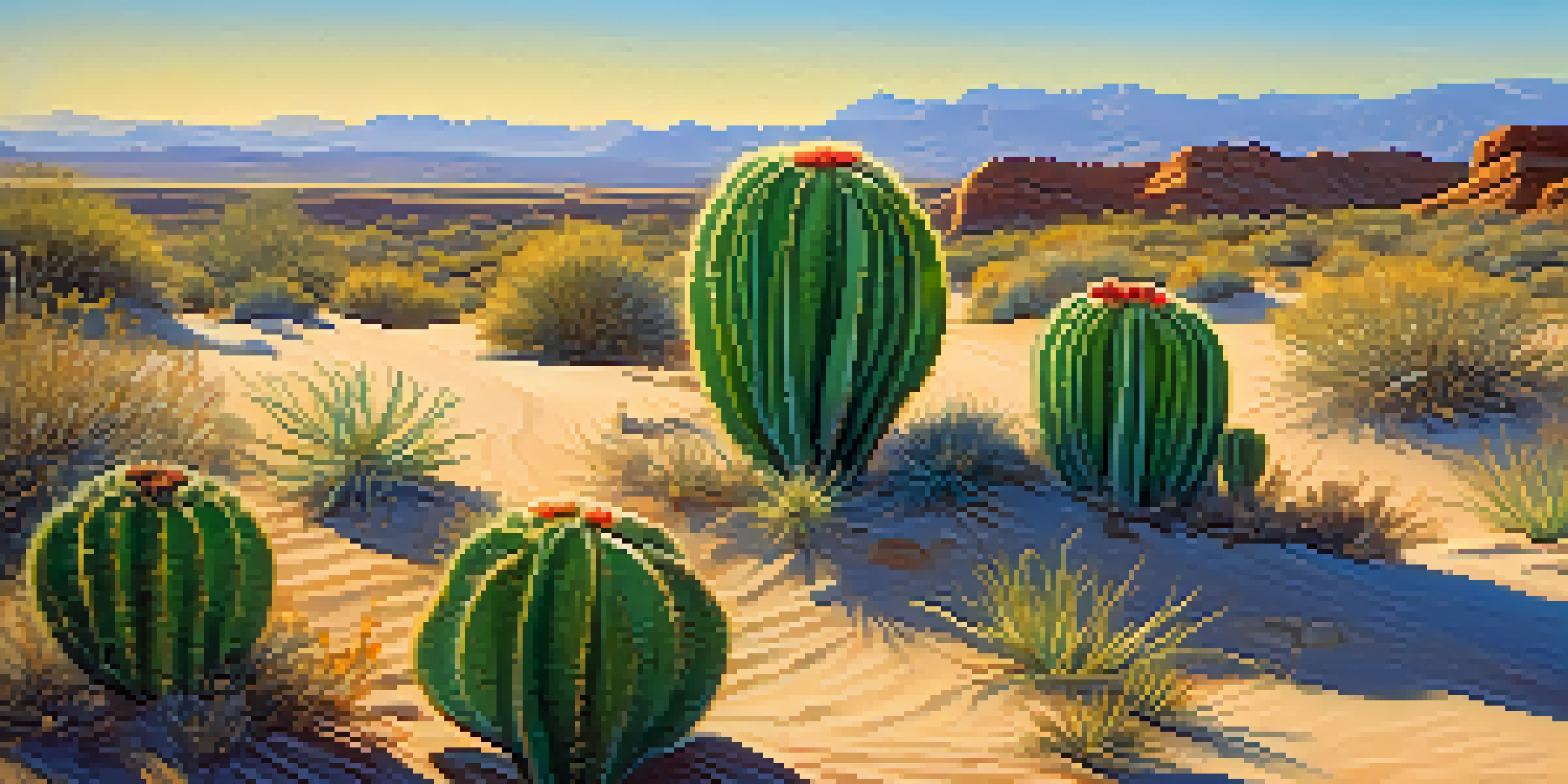A desert scene with a green peyote cactus surrounded by sand and flowers, under a clear blue sky.