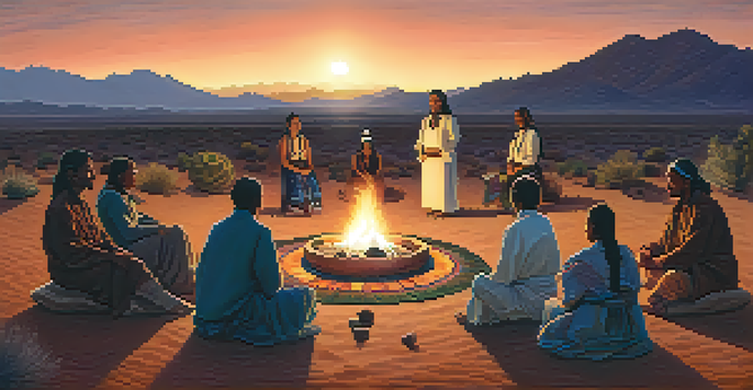 A group of people in traditional attire participating in a peyote ceremony around a fire, with a starry sky and mountains in the background.