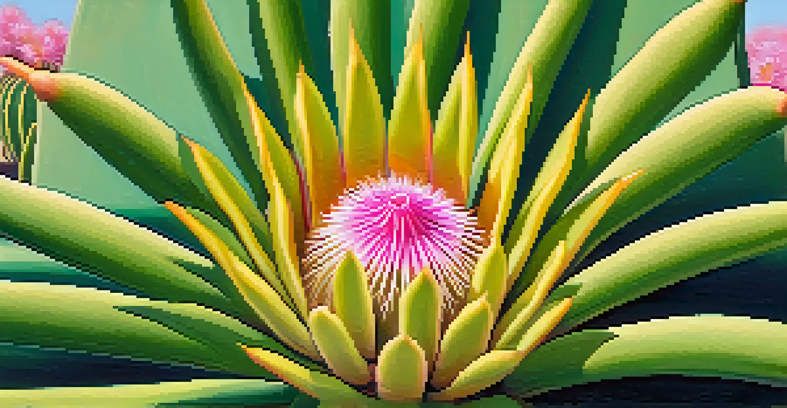 Close-up of a peyote cactus with pink flowers and detailed textures, set against a blurred desert background.