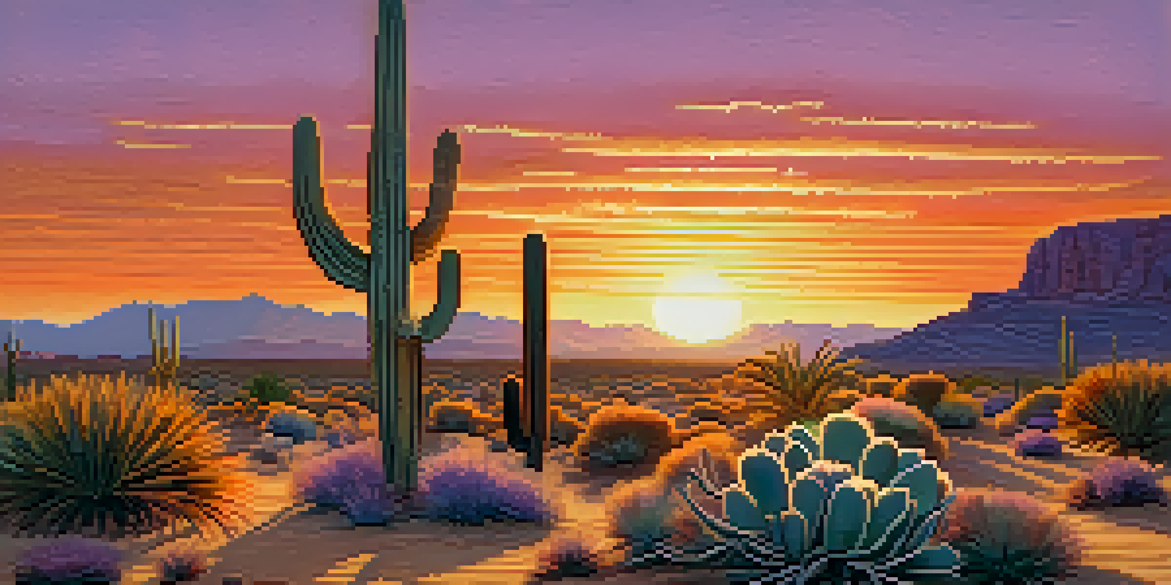 A peyote cactus in a desert landscape at sunset with warm colors and surrounding plants.