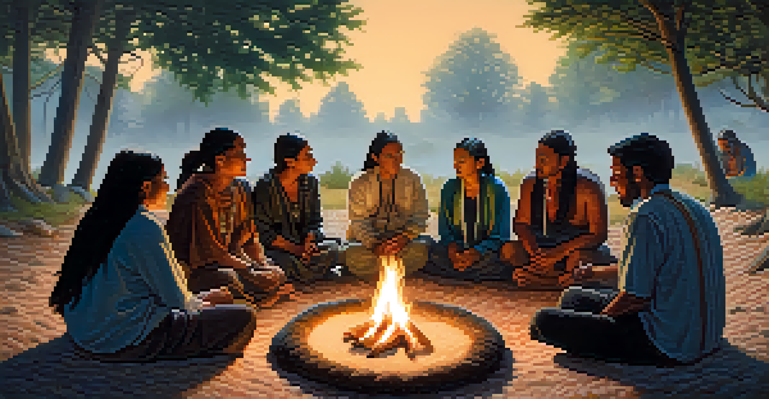 A group of people participating in a Peyote ceremony around a fire, surrounded by nature under a starry sky.