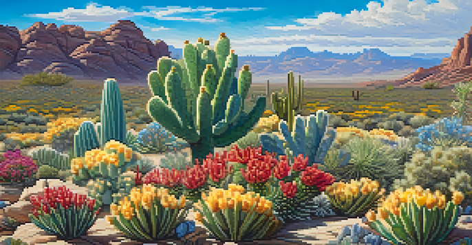 A bright desert scene with a peyote cactus in the foreground and wildflowers, under a blue sky with clouds.