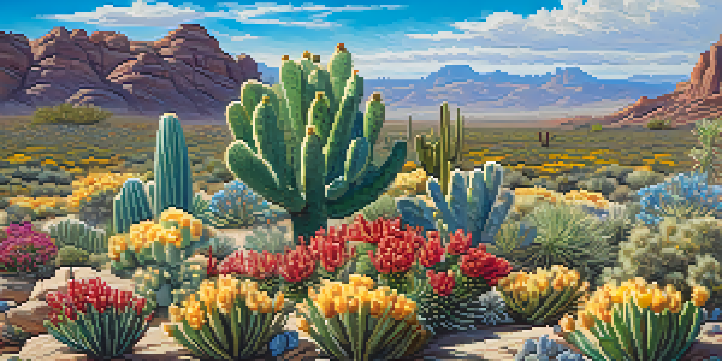 A bright desert scene with a peyote cactus in the foreground and wildflowers, under a blue sky with clouds.