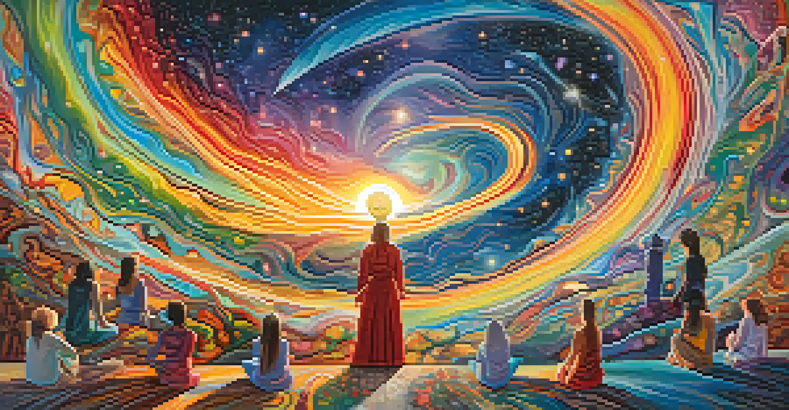 An abstract representation of human consciousness expanding, with vibrant colors and images of nature and spiritual symbols swirling together.