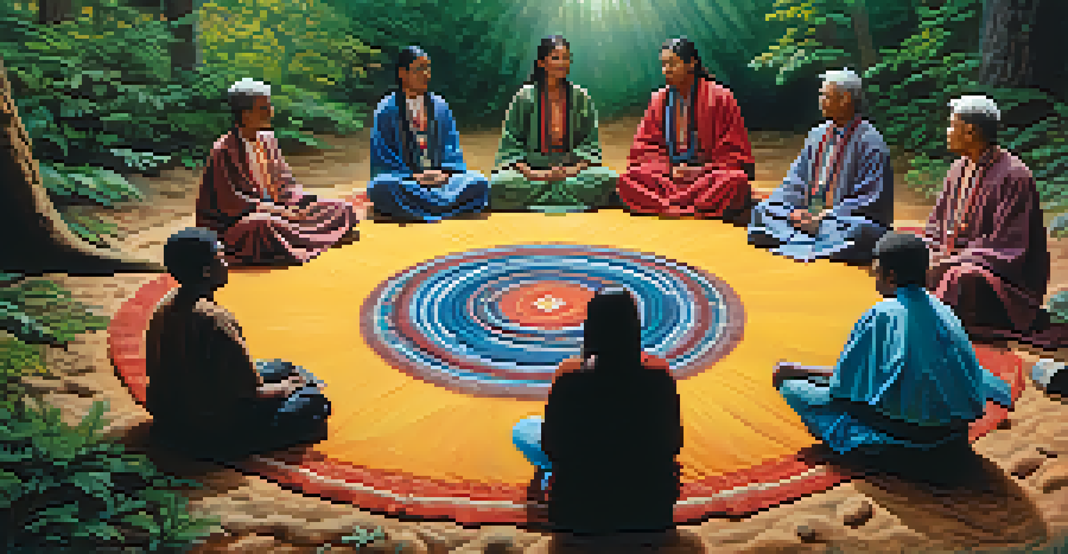 A group of diverse individuals sitting in a circle during a peyote ceremony in a natural setting.