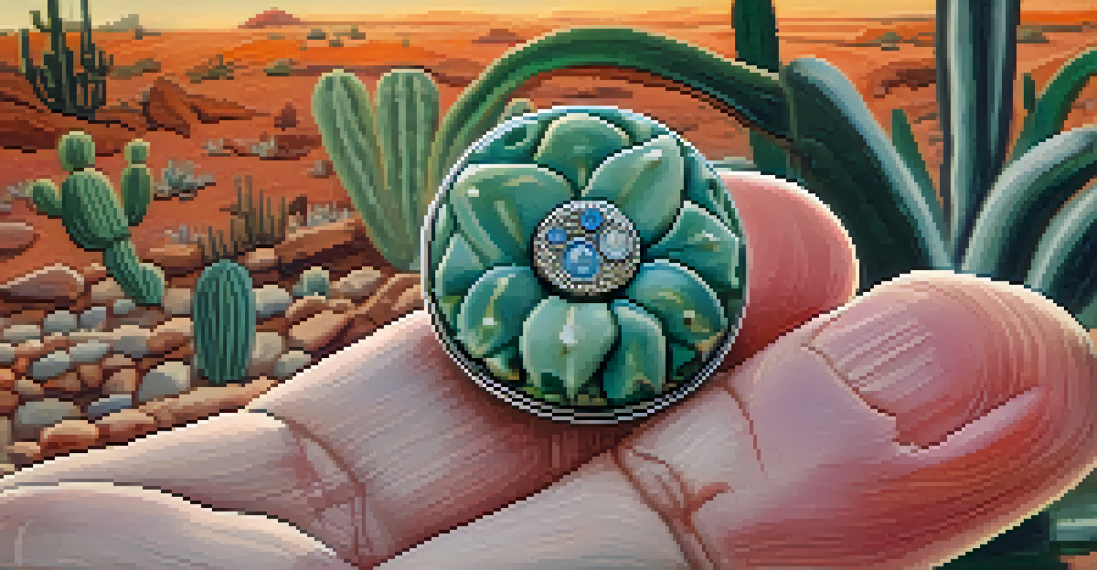 A close-up of a hand holding a peyote button with a blurred natural background.