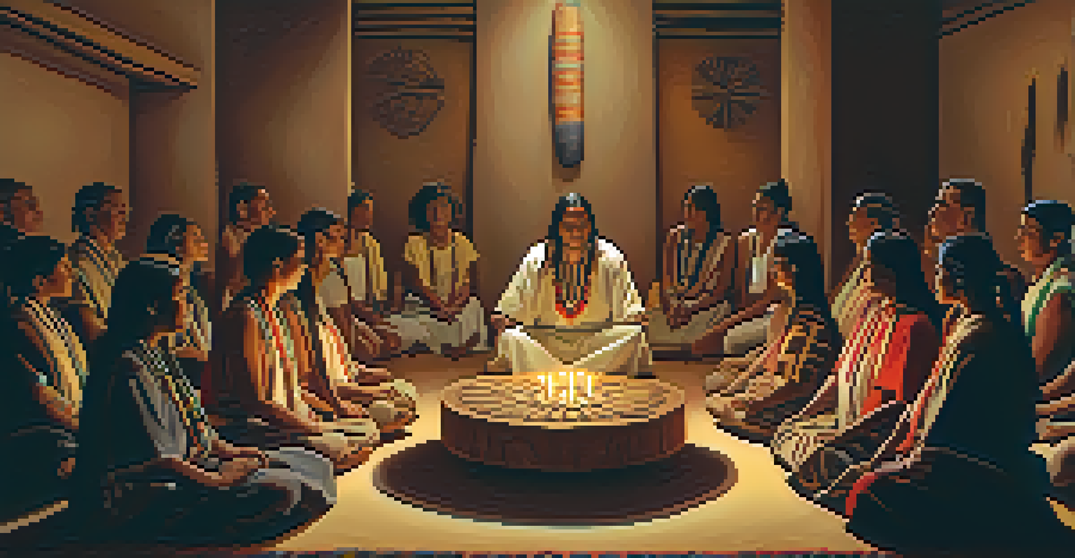 A cozy peyote ceremony with participants sitting in a circle, illuminated by candlelight and surrounded by traditional artifacts.