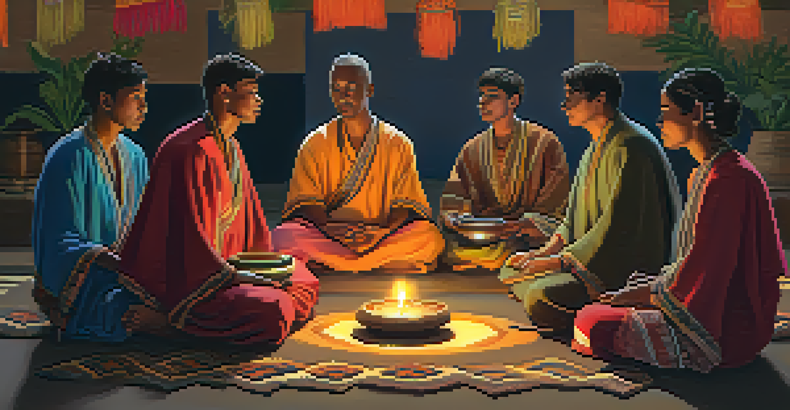 A group of people engaged in a ceremonial ritual surrounded by drums, candles, and colorful fabrics.