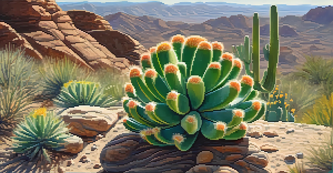 A close-up of a peyote cactus surrounded by desert landscape, with sunlight illuminating its textures and small wildflowers nearby.