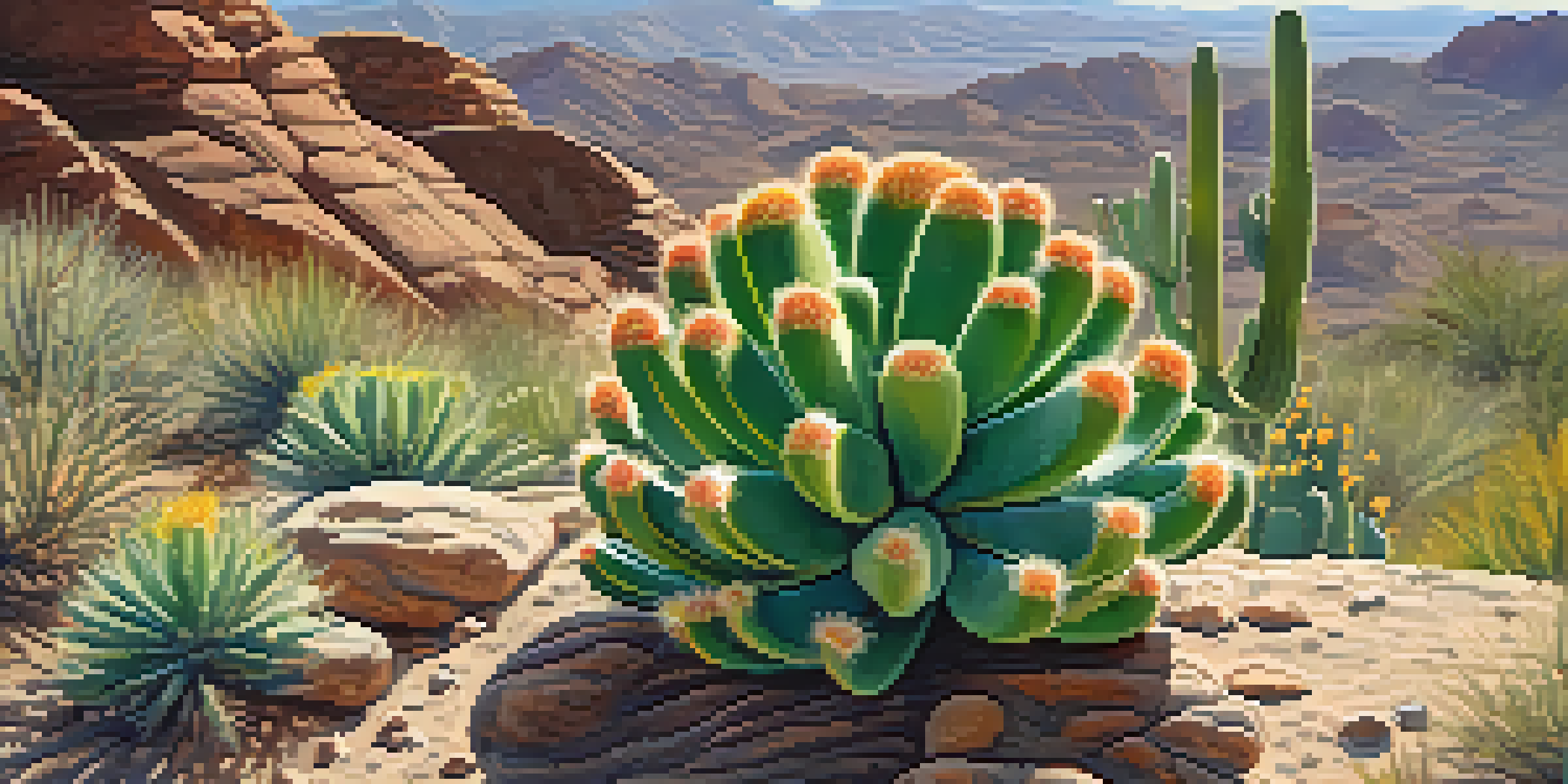 A close-up of a peyote cactus surrounded by desert landscape, with sunlight illuminating its textures and small wildflowers nearby.