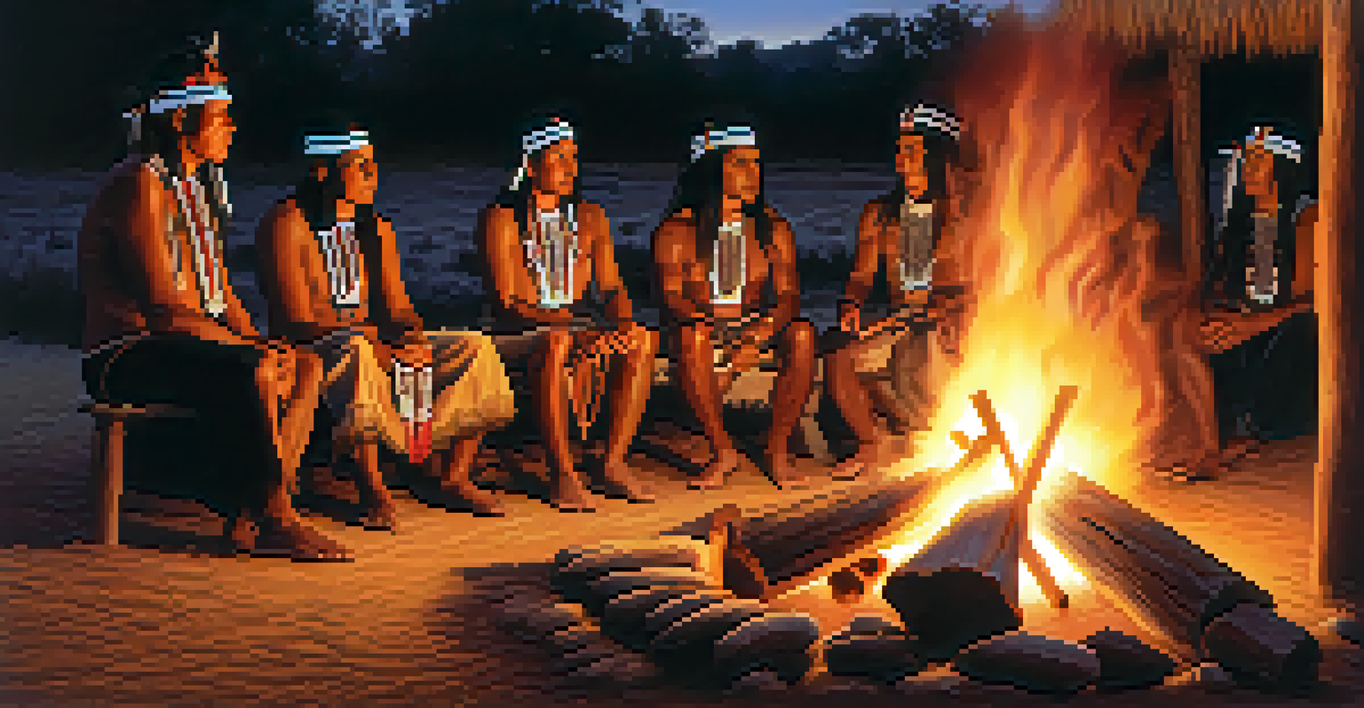 Native American individuals participating in a peyote ceremony around a ceremonial fire inside a rustic structure.