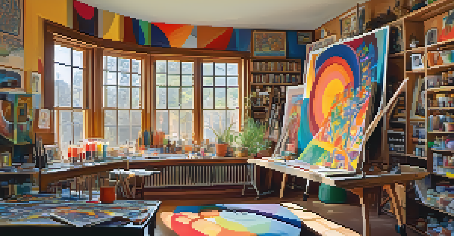 An artist's studio with a colorful abstract painting inspired by peyote, surrounded by art supplies and illuminated by natural light.