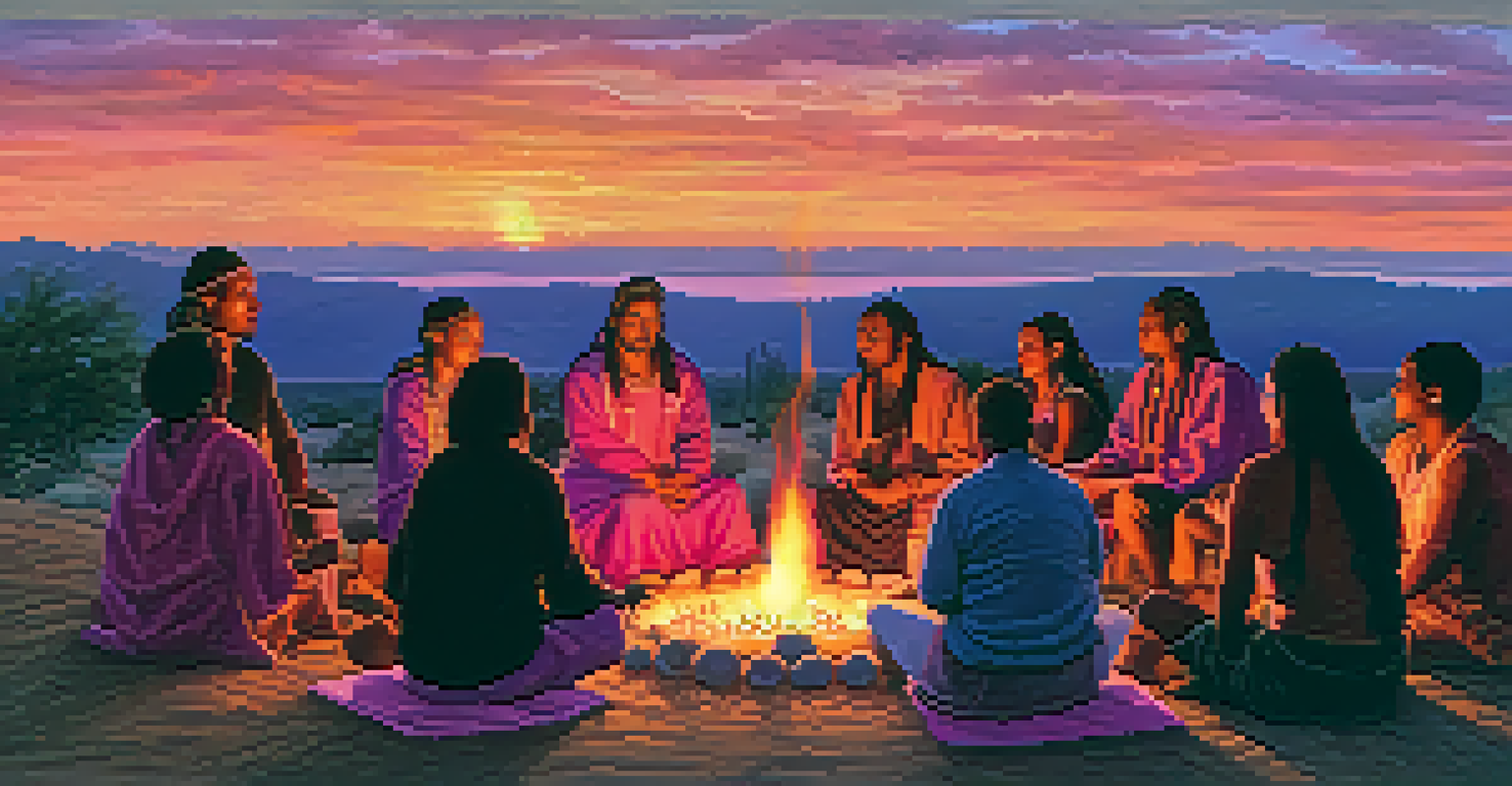 Participants gathered around a fire during a peyote ceremony at sunset, with a vibrant sky and warm illumination from the fire.