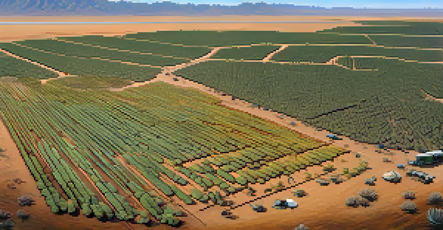Aerial view of a sustainable peyote harvesting site with harvesters in action.