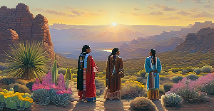 Indigenous people in traditional attire gathered around a peyote cactus during sunset, surrounded by wildflowers and rocky terrain.