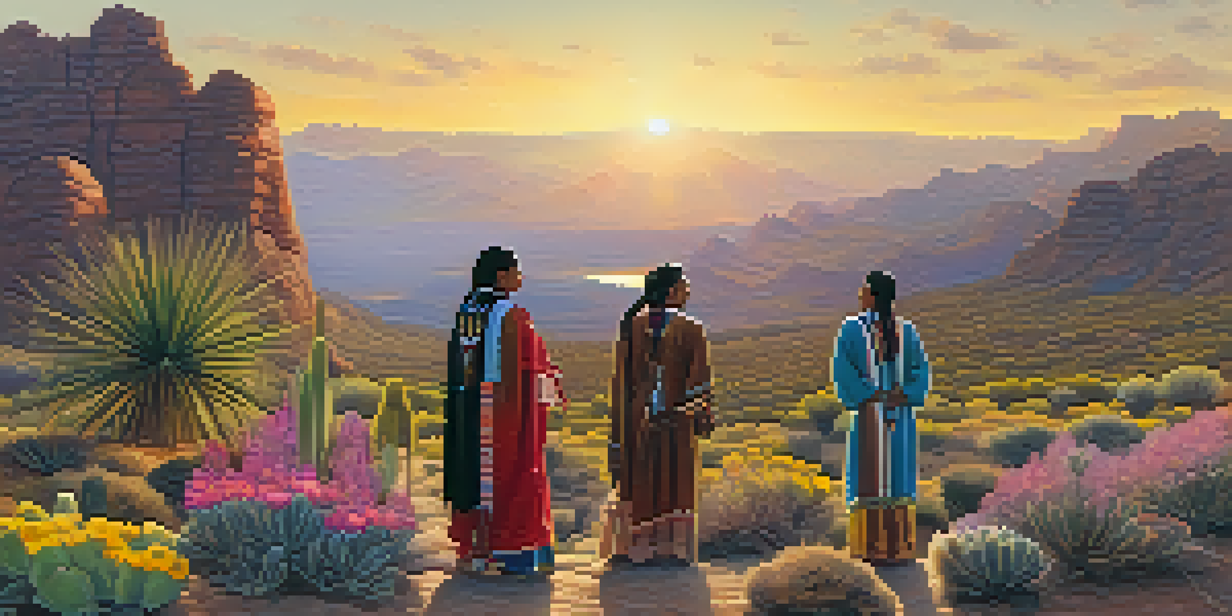 Indigenous people in traditional attire gathered around a peyote cactus during sunset, surrounded by wildflowers and rocky terrain.