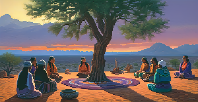 An Indigenous Peyote ceremony at dusk with participants seated in a circle around a fire, surrounded by desert plants and a colorful sunset sky.
