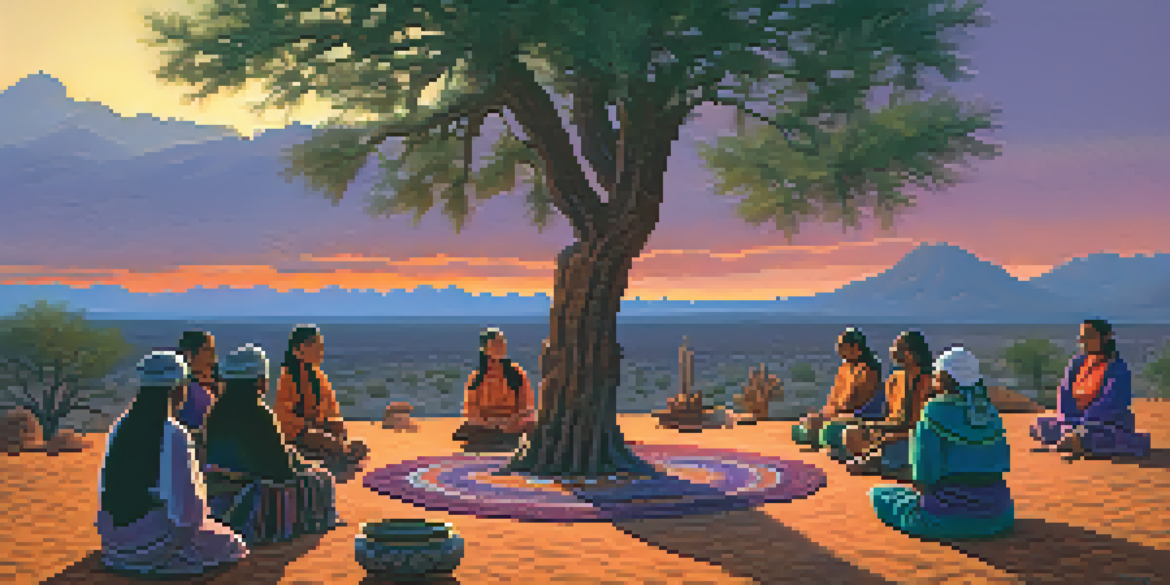 An Indigenous Peyote ceremony at dusk with participants seated in a circle around a fire, surrounded by desert plants and a colorful sunset sky.