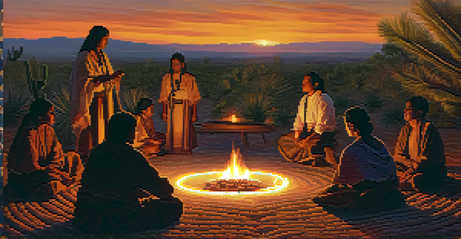 An Indigenous ceremony at dusk around a fire, with participants in traditional attire and peyote cacti arranged on a mat.