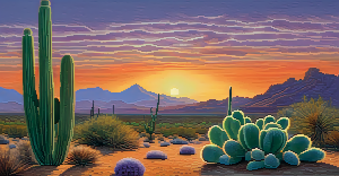 A vibrant peyote cactus in a desert landscape during sunset, with warm colors in the sky and distant mountains.
