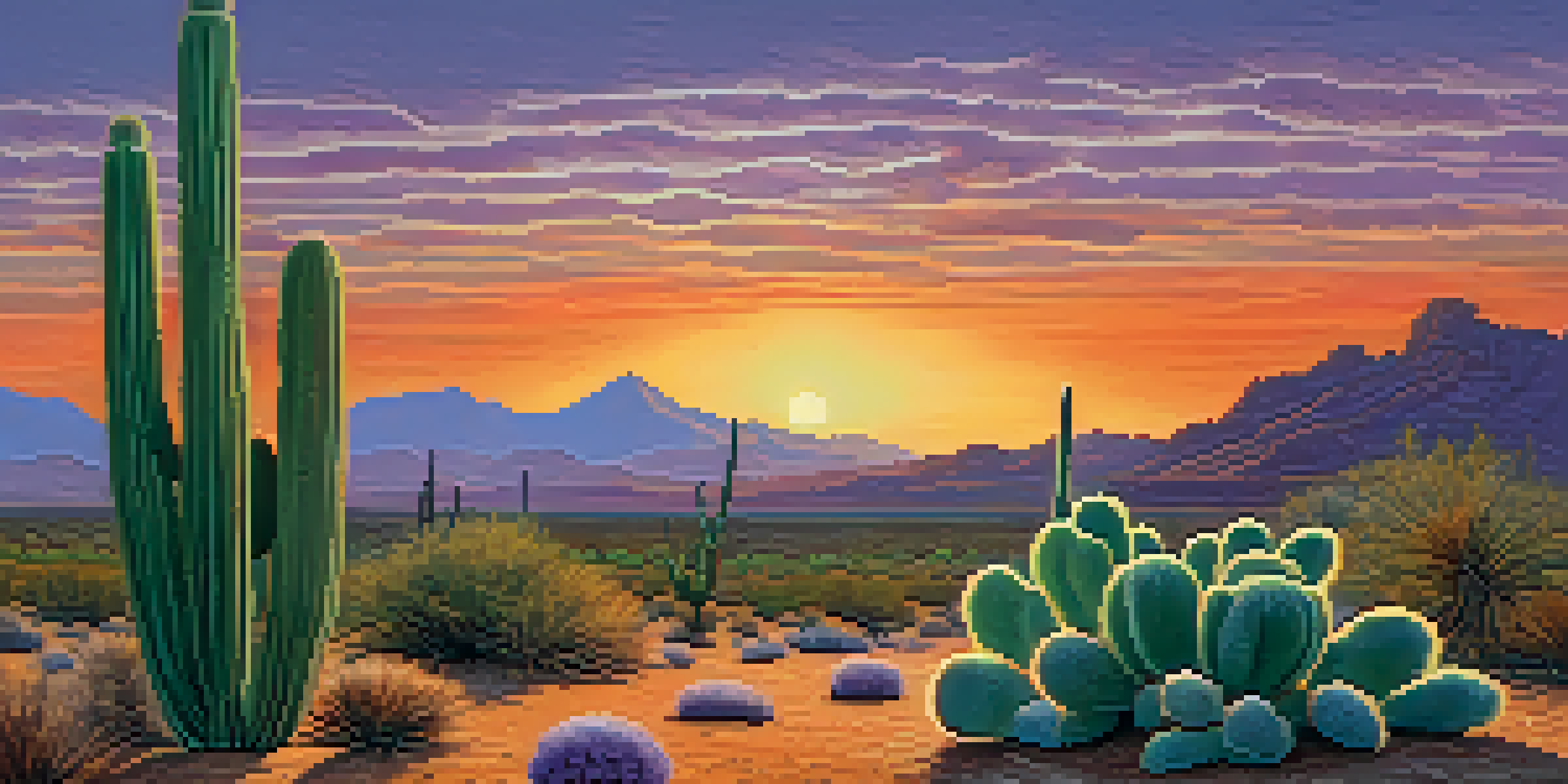 A vibrant peyote cactus in a desert landscape during sunset, with warm colors in the sky and distant mountains.