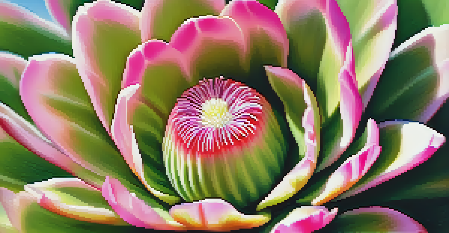 A close-up view of a peyote cactus with pink flowers and green skin, highlighted by soft sunlight and blurred background.