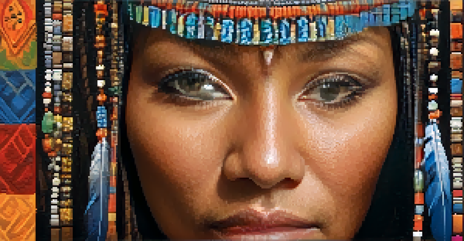 A close-up portrait of a female spiritual leader with a wise expression, wearing traditional jewelry and surrounded by a colorful ceremonial setting.